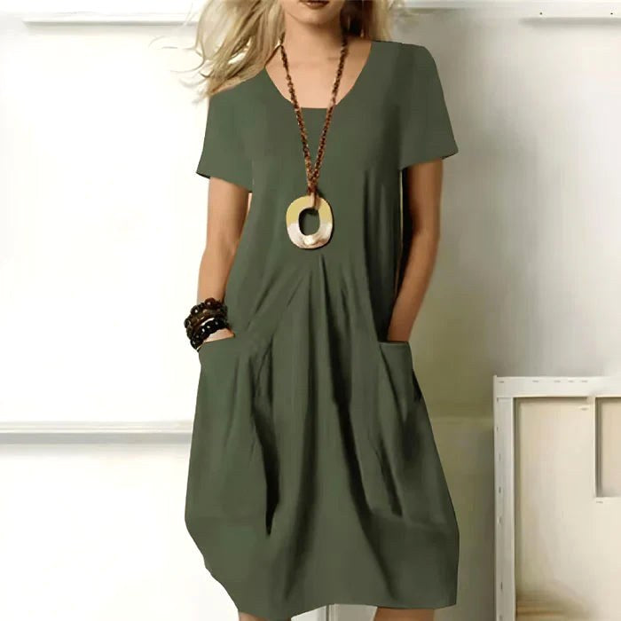 Jodie | Women's Short Sleeve Dress with Pockets, Relaxed-Fit Everyday Dress | Dressific | Green