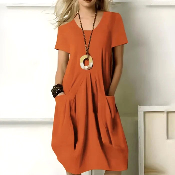 Jodie | Women's Short Sleeve Dress with Pockets, Relaxed-Fit Everyday Dress | Dressific | Orange