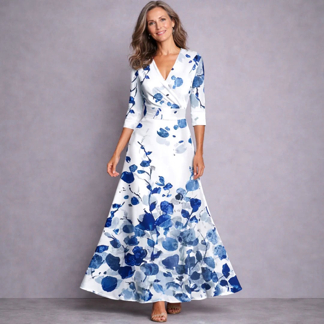 Kara | Women's Mid-Sleeve Maxi Dress, Flowing Floral Maxi Dress | Dressific | White/Blue