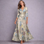 Kara | Women's Mid-Sleeve Maxi Dress, Flowing Floral Maxi Dress | Dressific | Sand/Beige