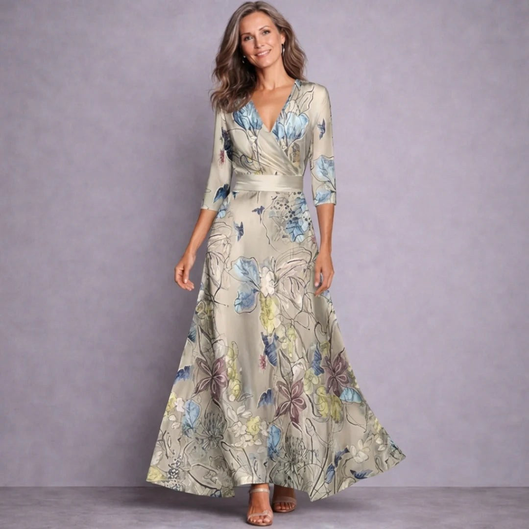 Kara | Women's Mid-Sleeve Maxi Dress, Flowing Floral Maxi Dress | Dressific | Sand/Beige