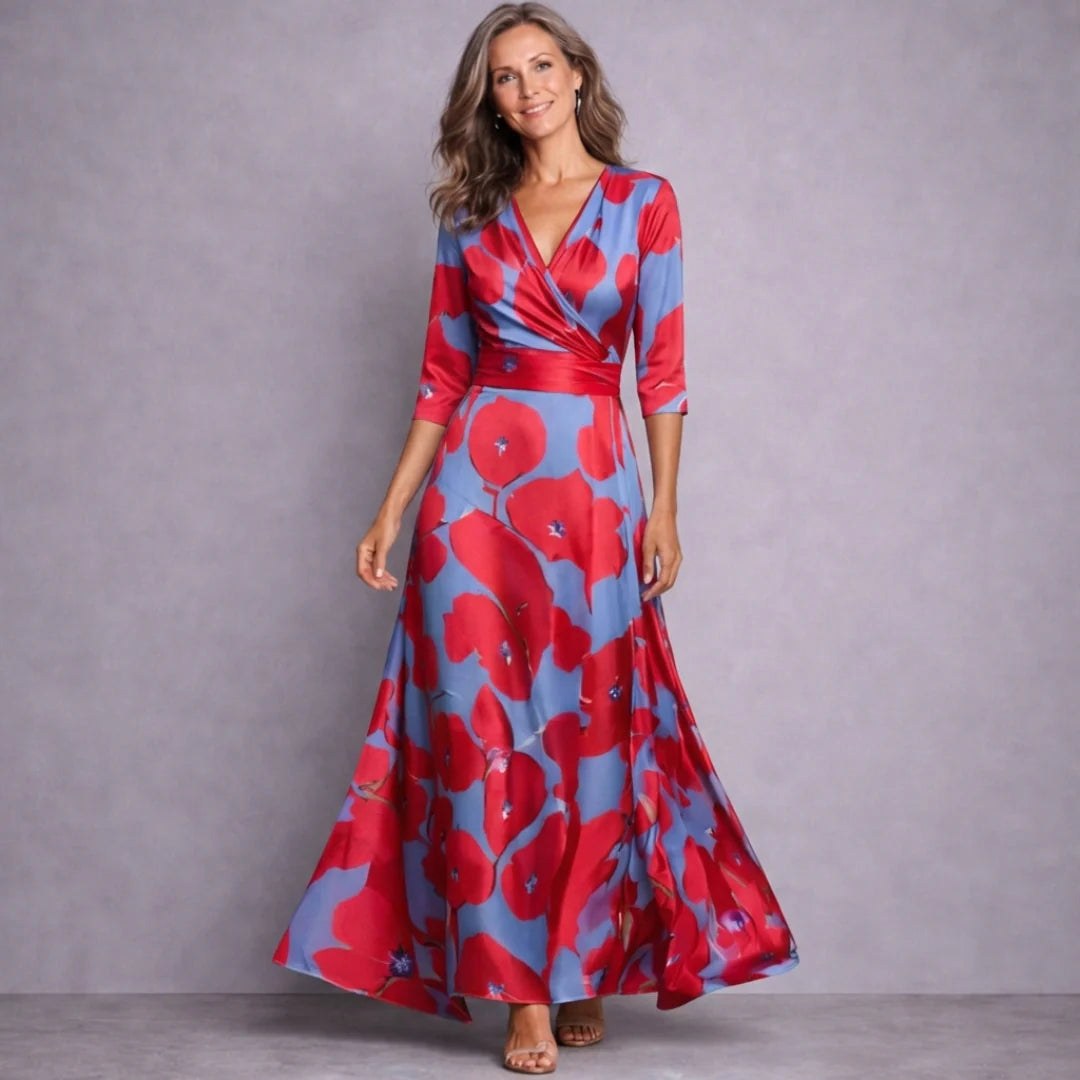 Kara | Women's Mid-Sleeve Maxi Dress, Flowing Floral Maxi Dress | Dressific | Red/Blue