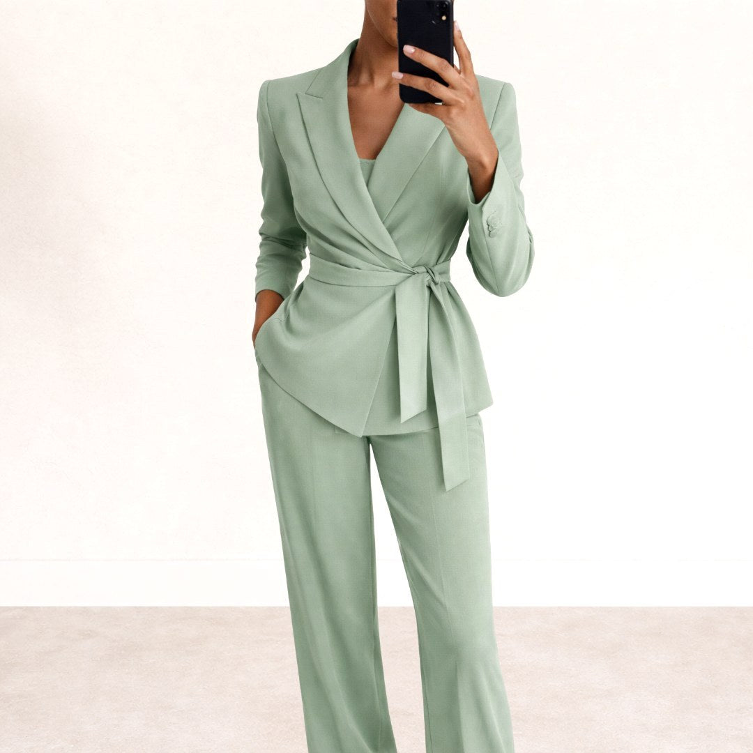 Karly | Women's Knit Belt Two-Piece Set, Wide-Leg Trouser Suit | Dressific | Green