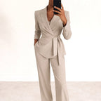 Karly | Women's Knit Belt Two-Piece Set, Wide-Leg Trouser Suit | Dressific | Beige