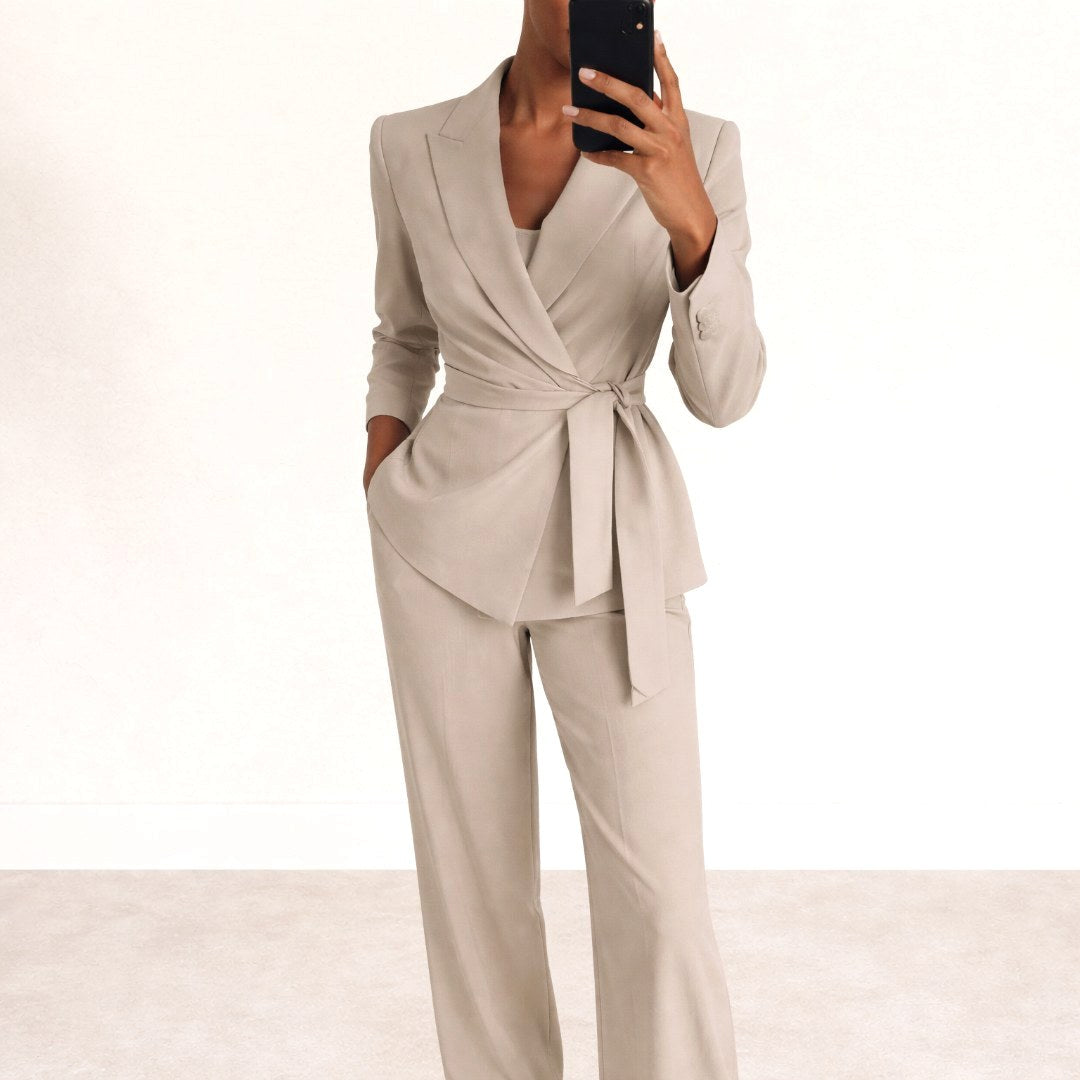 Karly | Women's Knit Belt Two-Piece Set, Wide-Leg Trouser Suit | Dressific | Beige
