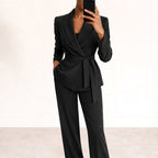 Karly | Women's Knit Belt Two-Piece Set, Wide-Leg Trouser Suit | Dressific | Black