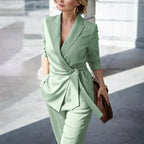 Karly | Women's Knit Belt Two-Piece Set, Wide-Leg Trouser Suit | Dressific
