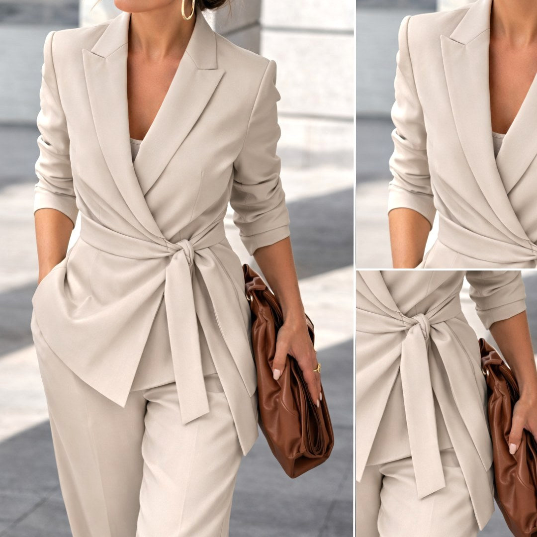Karly | Women's Knit Belt Two-Piece Set, Wide-Leg Trouser Suit | Dressific