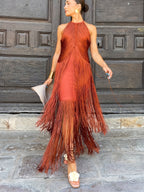 Keira | Women's Halter-Neck Maxi Dress with Fringe Detail, Tassel Occasion Dress | Dressific | Naranja