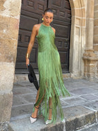 Keira | Women's Halter-Neck Maxi Dress with Fringe Detail, Tassel Occasion Dress | Dressific