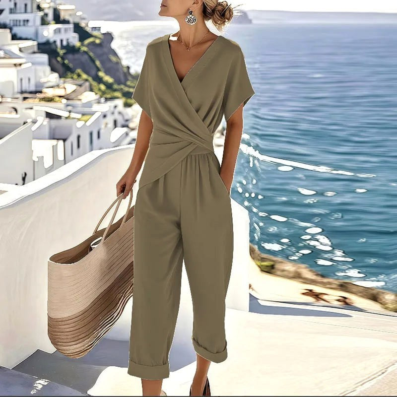 Kellie | Women's Wrap-Front Two-Piece Set, Tailored Trouser Suit | Dressific | Khaki