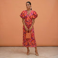 Kelsey | Women's V-Neckline Dress with Puffed Sleeves, Elegant Day Dress | Dressific | Naranja/Violeta