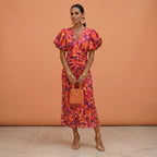 Kelsey | Women's V-Neckline Dress with Puffed Sleeves, Elegant Day Dress | Dressific | Naranja/Violeta