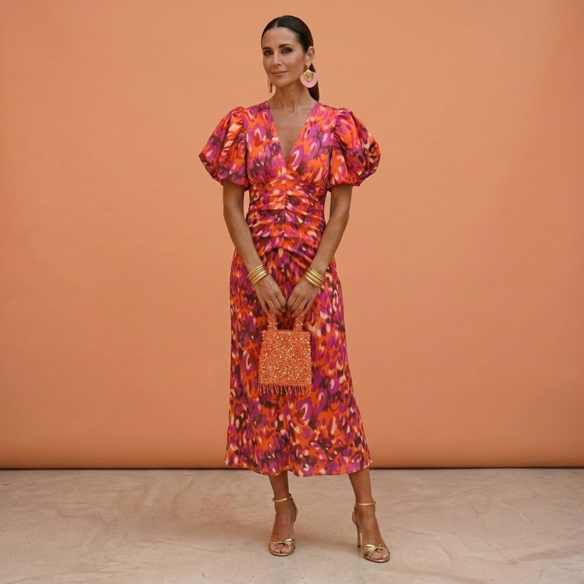 Kelsey | Women's V-Neckline Dress with Puffed Sleeves, Elegant Day Dress | Dressific | Naranja/Violeta