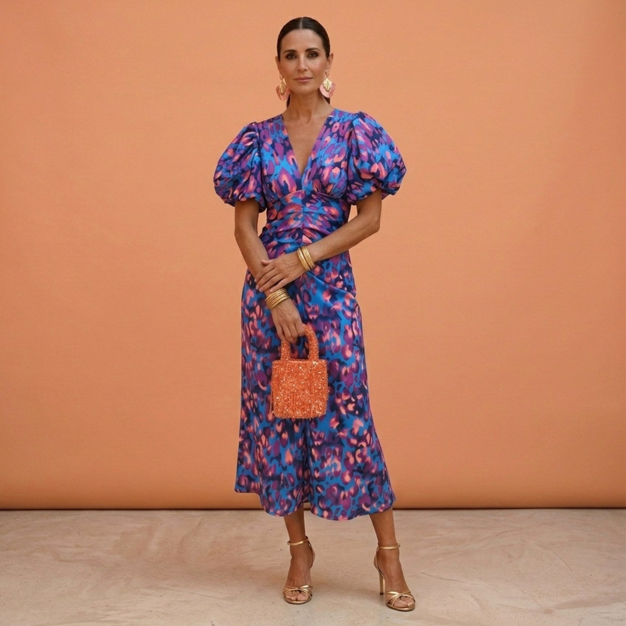 Kelsey | Women's V-Neckline Dress with Puffed Sleeves, Elegant Day Dress | Dressific | Violeta/Azul