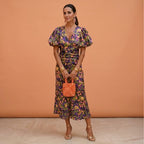 Kelsey | Women's V-Neckline Dress with Puffed Sleeves, Elegant Day Dress | Dressific | Verde/Violeta