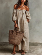 Kendall | Women's Cotton-Linen Off-Shoulder Maxi Dress, Flattering Summer Dress for Holidays and Everyday Wear, Flattering Summer Dress for Holidays and Everyday Wear - Photo Colour