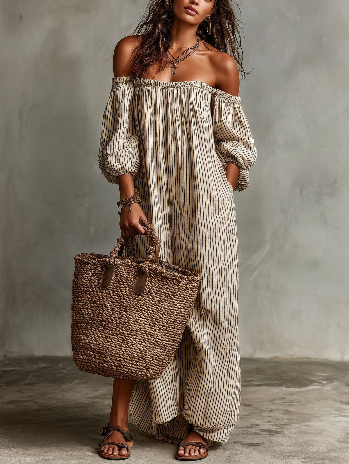 Kendall | Women's Cotton-Linen Off-Shoulder Maxi Dress, Flattering Summer Dress for Holidays and Everyday Wear, Flattering Summer Dress for Holidays and Everyday Wear - Photo Colour