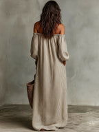 Kendall | Women's Cotton-Linen Off-Shoulder Maxi Dress, Flattering Summer Dress for Holidays and Everyday Wear, Flattering Summer Dress for Holidays and Everyday Wear - image 2
