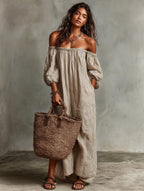 Kendall | Women's Cotton-Linen Off-Shoulder Maxi Dress, Flattering Summer Dress for Holidays and Everyday Wear, Flattering Summer Dress for Holidays and Everyday Wear - image 5