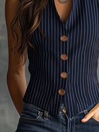 Kerrie | Women's Striped Henley Tank Top, Vintage Sleeveless Top | Dressific