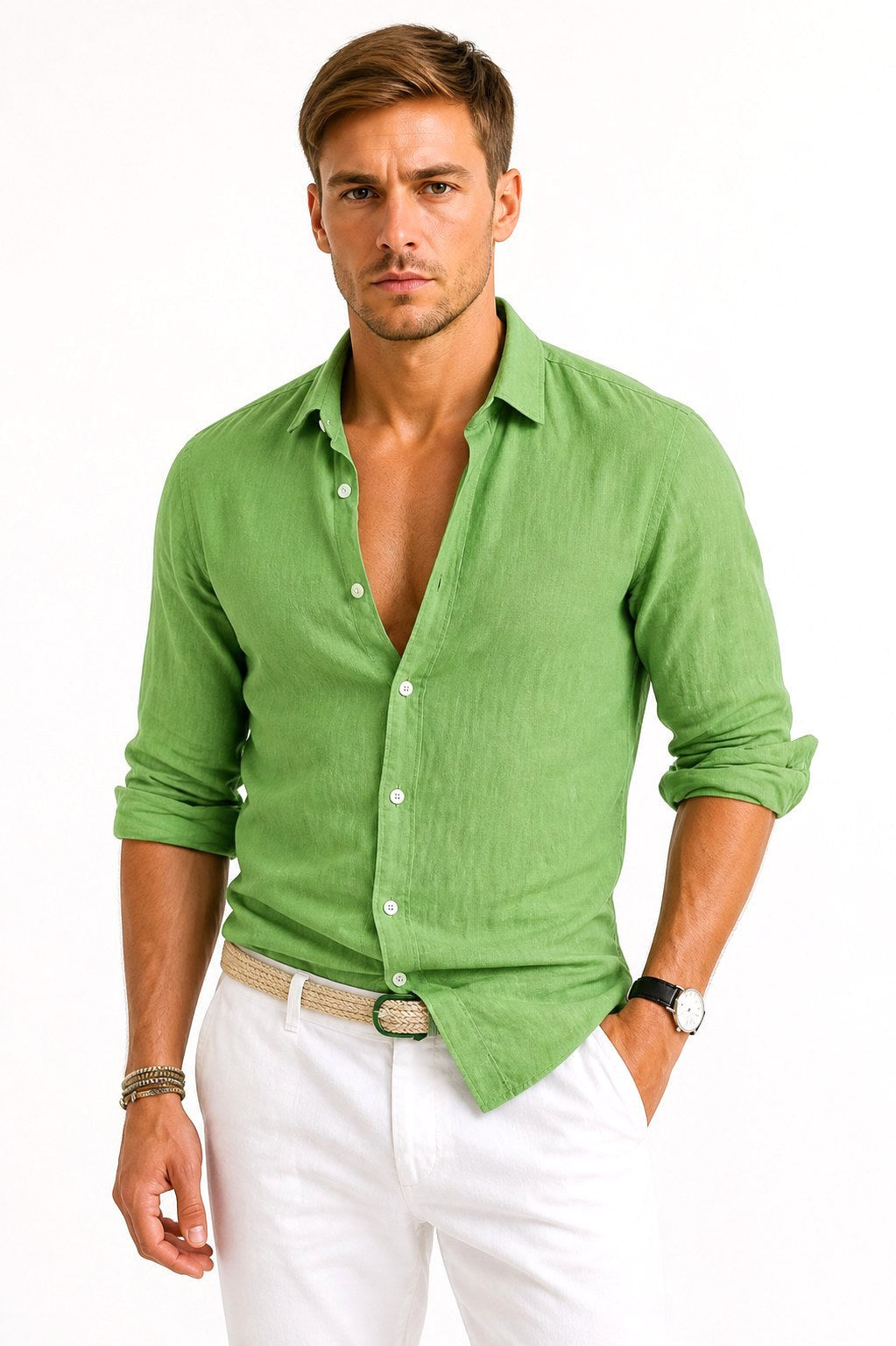 Lachie | Men's Linen Button-Down Shirt, Rolled Sleeve Oxford Shirt | Dressific | Green