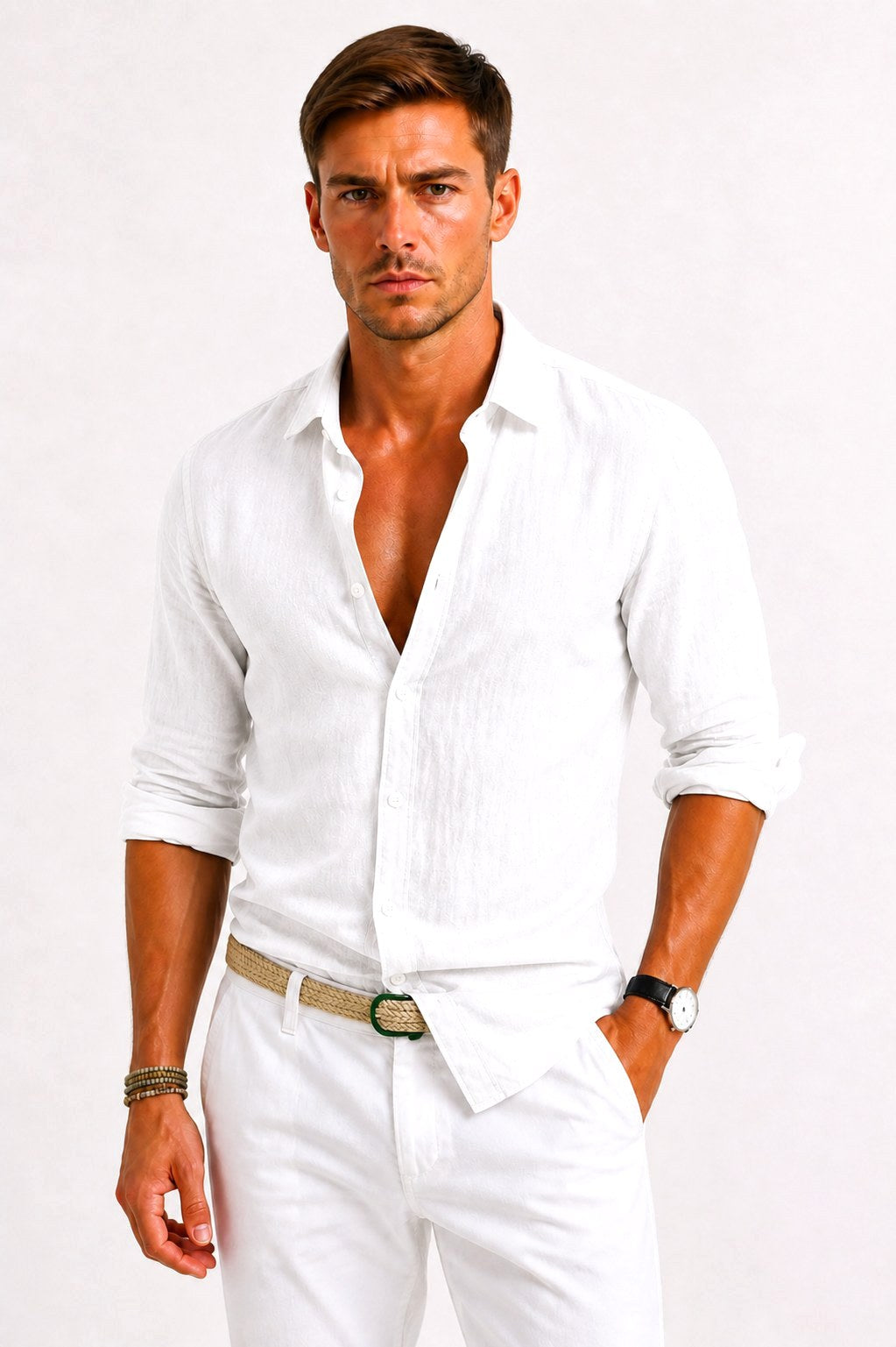 Lachie | Men's Linen Button-Down Shirt, Rolled Sleeve Oxford Shirt | Dressific | White