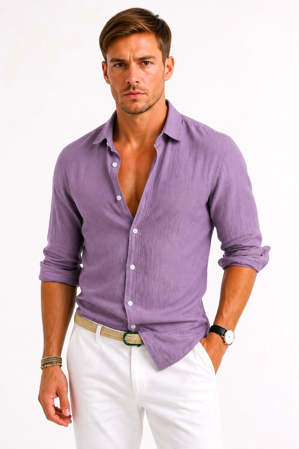 Lachie | Men's Linen Button-Down Shirt, Rolled Sleeve Oxford Shirt | Dressific | Blue
