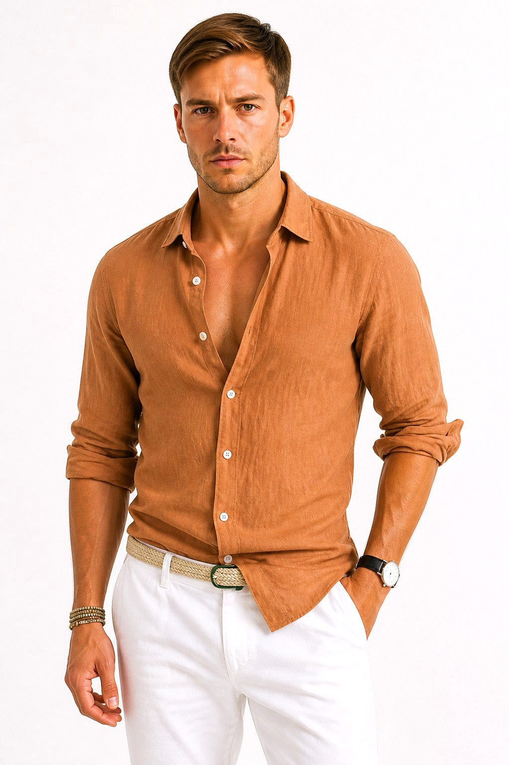 Lachie | Men's Linen Button-Down Shirt, Rolled Sleeve Oxford Shirt | Dressific | Brown