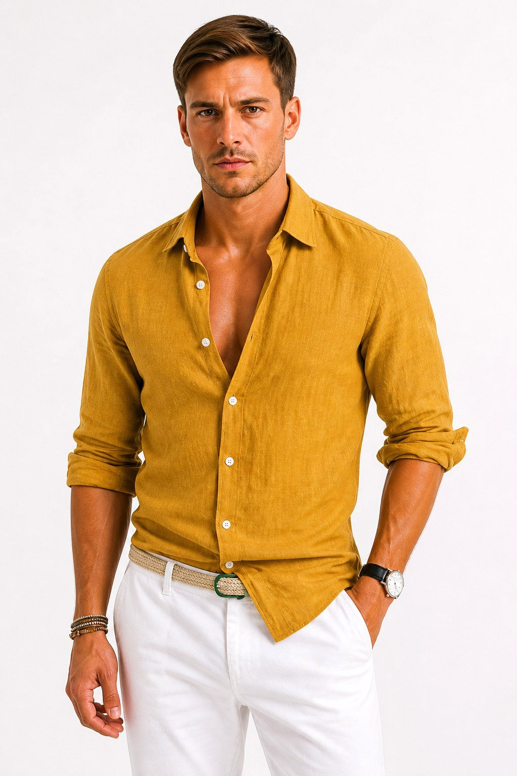 Lachie | Men's Linen Button-Down Shirt, Rolled Sleeve Oxford Shirt | Dressific | Mustard