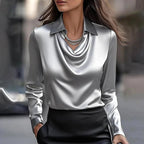 Lara | Women's V-Neck Shimmer Blouse, Elegant Shiny Blouse | Dressific | Gray