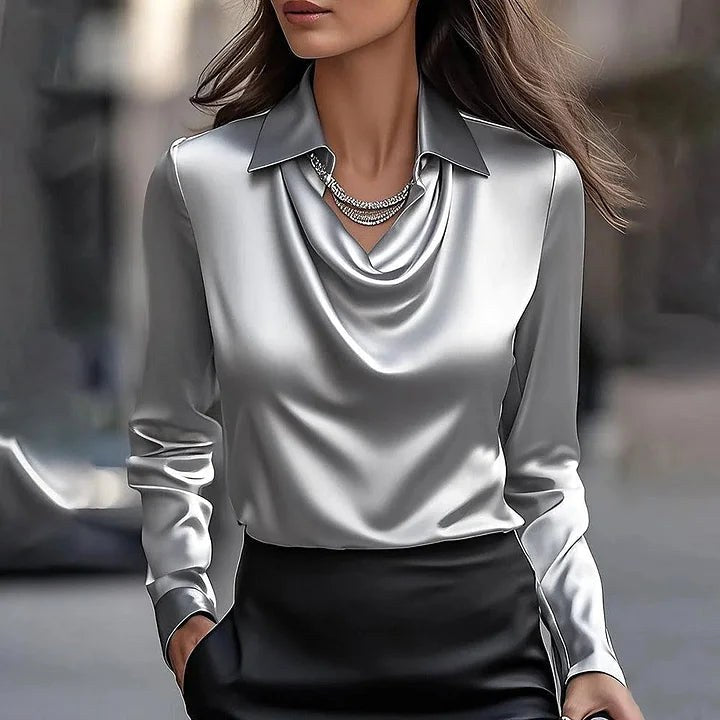Lara | Women's V-Neck Shimmer Blouse, Elegant Shiny Blouse | Dressific | Gray