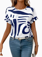 Lauren | Women's Abstract Printed T-Shirt, Relaxed Fit Casual Top | Dressific | Wit