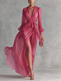 Lauren | Women's V-Neck Tie-Waist Chiffon Maxi Dress, Flattering Summer Dress for Holidays and Everyday Wear, Flattering Summer Dress for Holidays and Everyday Wear - Pink
