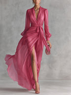 Lauren | Women's V-Neck Tie-Waist Chiffon Maxi Dress, Flattering Summer Dress for Holidays and Everyday Wear, Flattering Summer Dress for Holidays and Everyday Wear - Pink