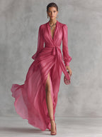 Lauren | Women's V-Neck Tie-Waist Chiffon Maxi Dress, Flattering Summer Dress for Holidays and Everyday Wear, Flattering Summer Dress for Holidays and Everyday Wear - image 2