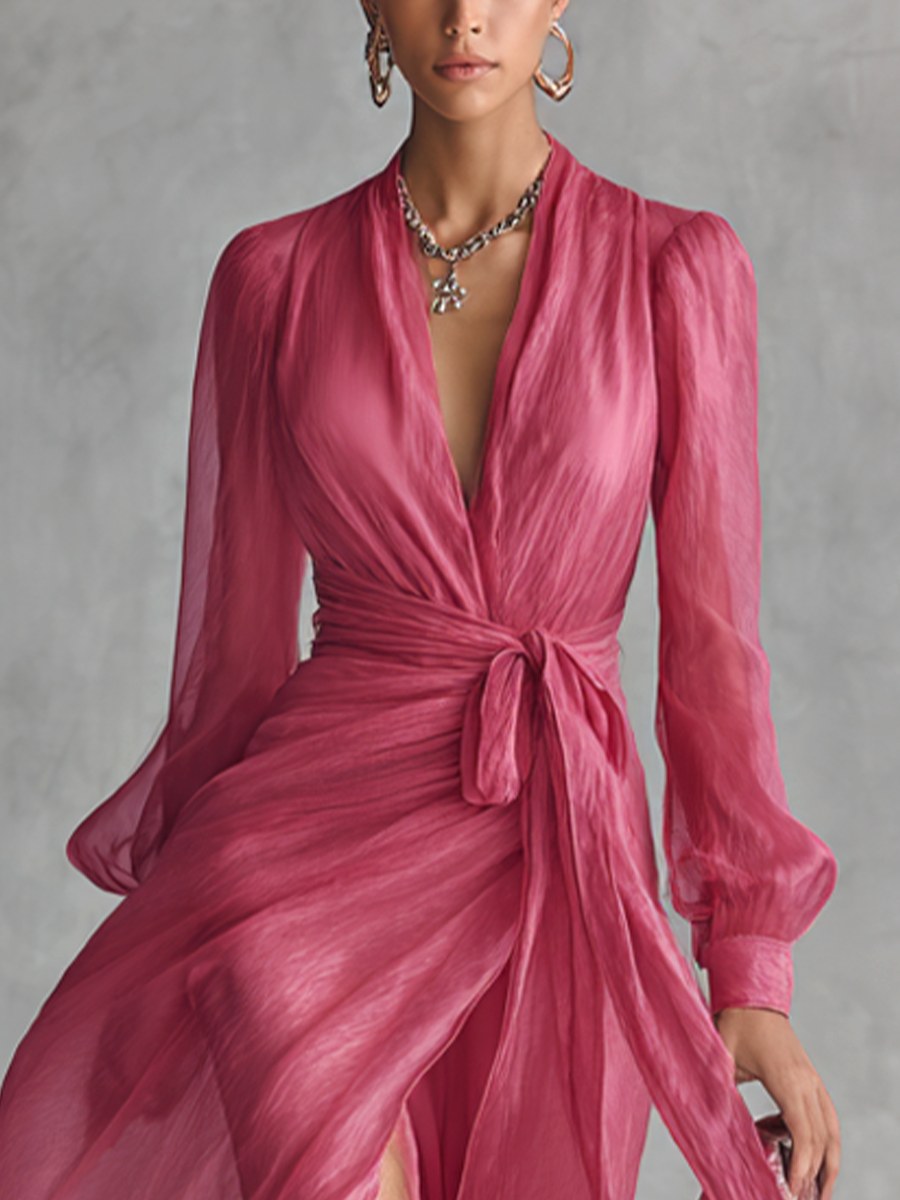 Lauren | Women's V-Neck Tie-Waist Chiffon Maxi Dress, Flattering Summer Dress for Holidays and Everyday Wear, Flattering Summer Dress for Holidays and Everyday Wear - image 3