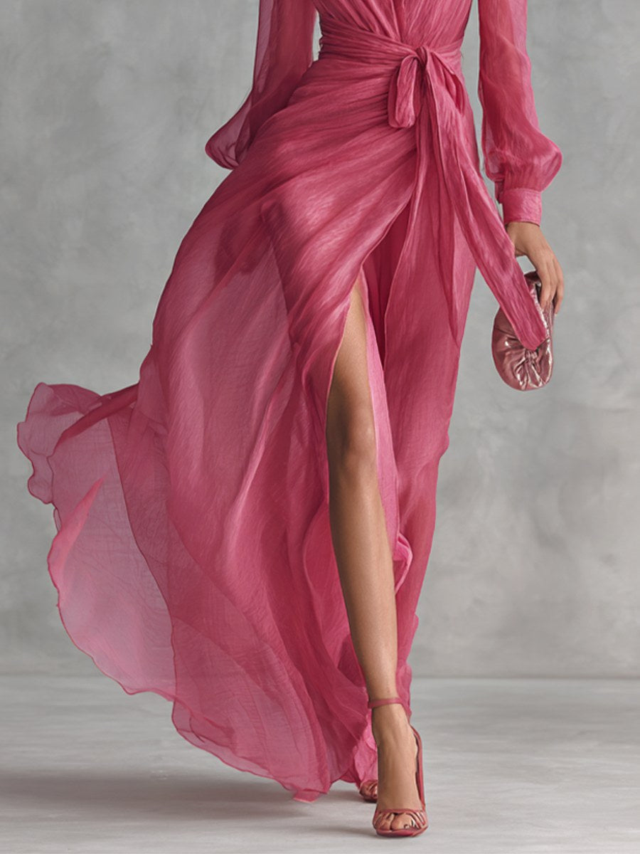 Lauren | Women's V-Neck Tie-Waist Chiffon Maxi Dress, Flattering Summer Dress for Holidays and Everyday Wear, Flattering Summer Dress for Holidays and Everyday Wear - image 4