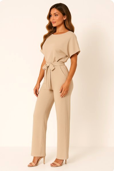 Liana | Women's Ponte Knit Batwing Jumpsuit, Relaxed-Fit One-Piece | Dressific | Beige