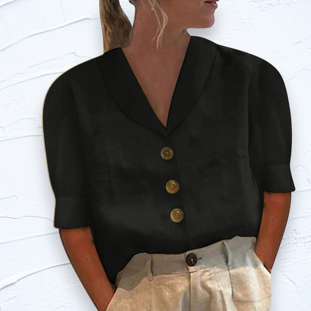 Lily | Women's Linen Top with V-Neckline, Cap Sleeve Blouse | Dressific | Black
