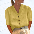 Lily | Women's Linen Top with V-Neckline, Cap Sleeve Blouse | Dressific