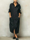 Mackenzie | Women's Black Cotton Linen Shirt Collar Dress, Flattering Summer Dress for Holidays and Everyday Wear