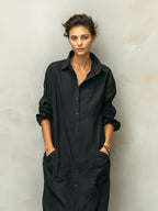 Mackenzie | Women's Black Cotton Linen Shirt Collar Dress, Flattering Summer Dress for Holidays and Everyday Wear