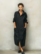 Mackenzie | Women's Black Cotton Linen Shirt Collar Dress, Flattering Summer Dress for Holidays and Everyday Wear