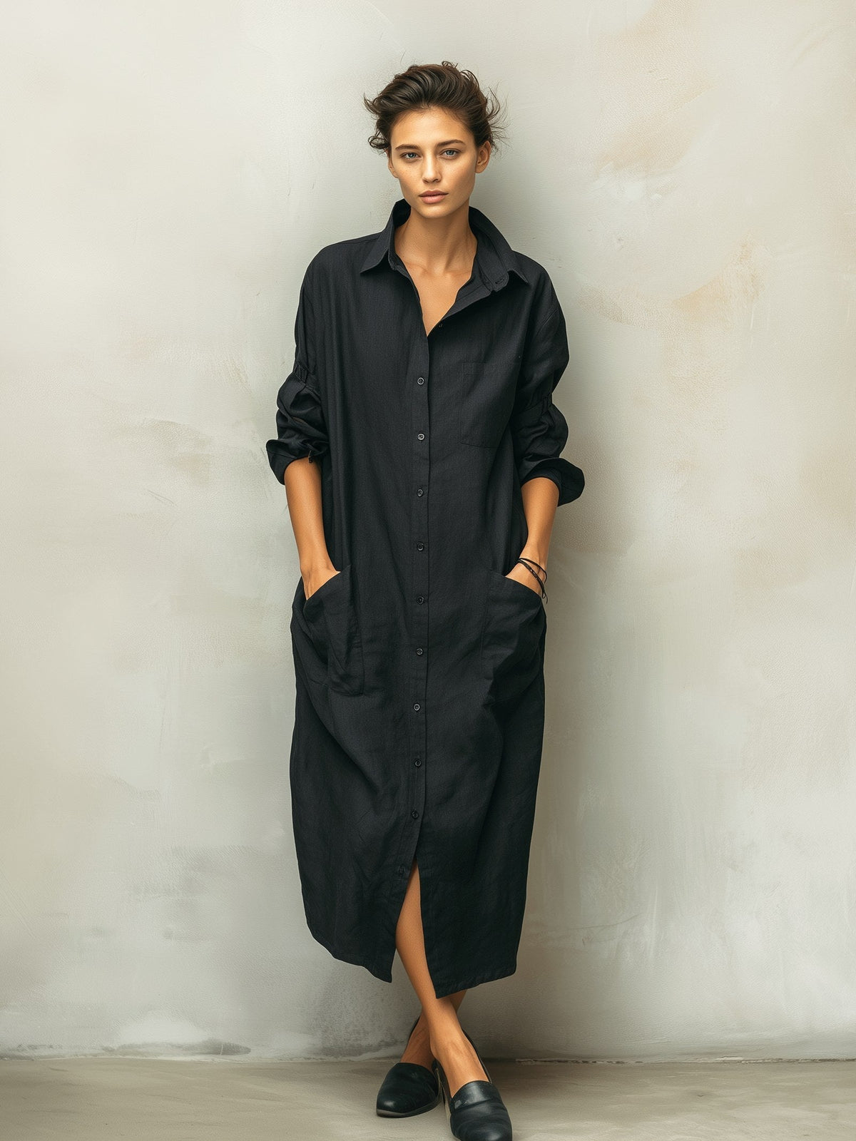 Mackenzie | Women's Black Cotton Linen Shirt Collar Dress, Flattering Summer Dress for Holidays and Everyday Wear