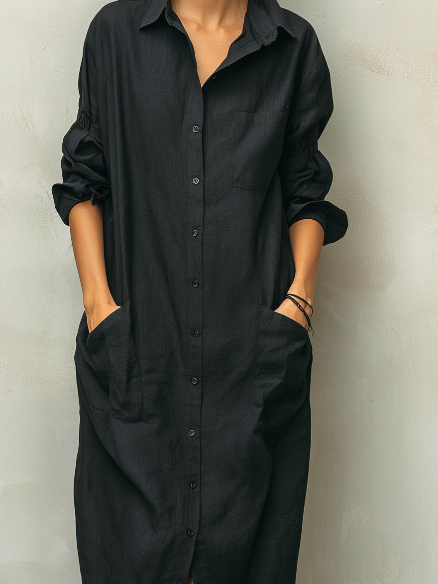 Mackenzie | Women's Black Cotton Linen Shirt Collar Dress, Flattering Summer Dress for Holidays and Everyday Wear