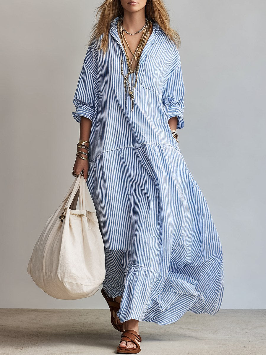 Mackenzie | Women's Striped Button-Front Maxi Shirt Dress, Flattering Summer Dress for Holidays and Everyday Wear, Flattering Summer Dress for Holidays and Everyday Wear - Blue