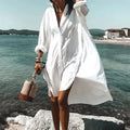 Maddison | Women's Fluid Shirt Dress White, Flowing Shirt Dress | Dressific