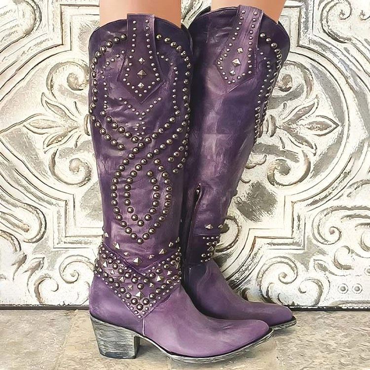 Maddison | Women's Orthopedic Knee-High Boots, Pointed Toe Block Heel Boots | Dressific | Purple
