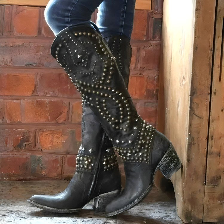 Maddison | Women's Orthopedic Knee-High Boots, Pointed Toe Block Heel Boots | Dressific | Black